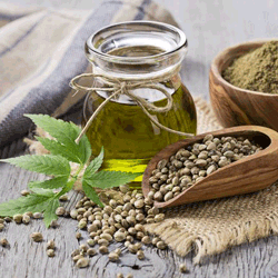 Hemp seed oil next to a scoop filled with hemp seeds | Ingredients
